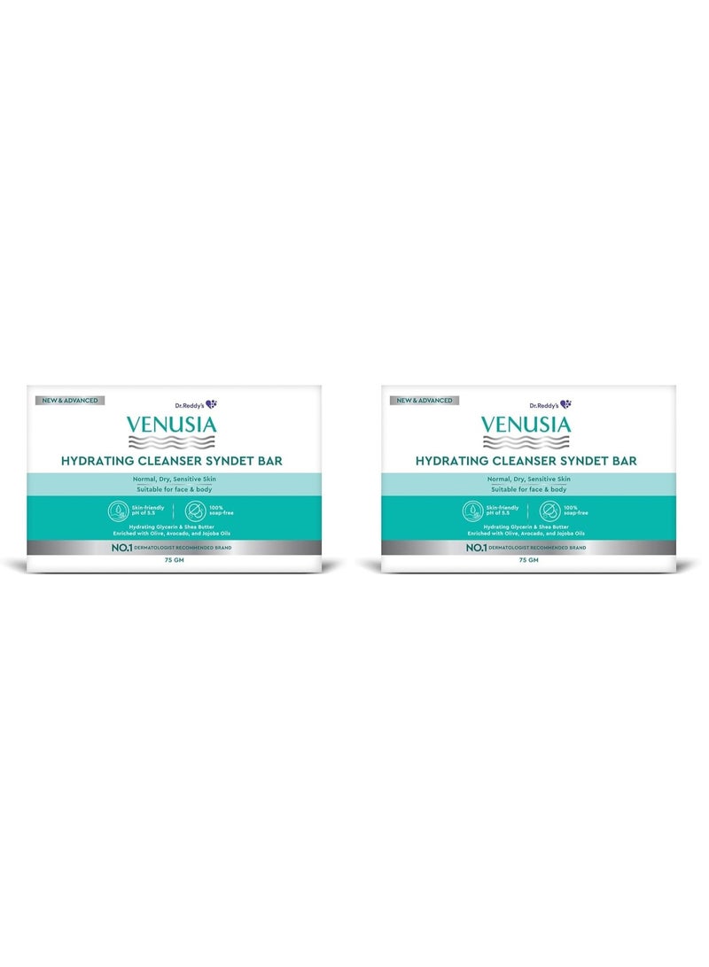 VENUSIA Dr. Reddy's Venusia Hydrating Cleanser Syndet Bar | 100% soap-free, pH 5.5, Non-irritating, Hypoallergenic, PAMA-free | Enriched with Hydrating Glycerin, Shea Butter, Olive Oil, Avocado Oil & Jojoba Oil - 75g pack of 2 - Image 1